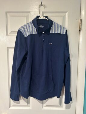 Vineyard Vines Navy Quarter-Zip Sweatshirt with Light Blue & White Striped Yoke